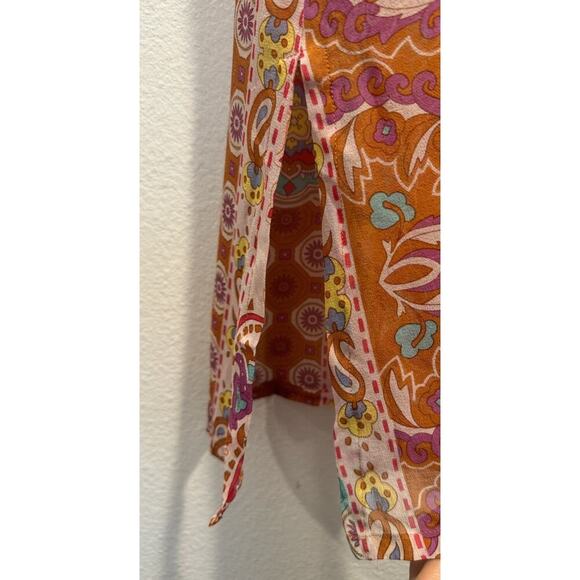 BEBE Cover Up Size XS Multi Color 100% Silk Tunic Top Sheer Boho V Neck Beaded - Picture 5 of 9